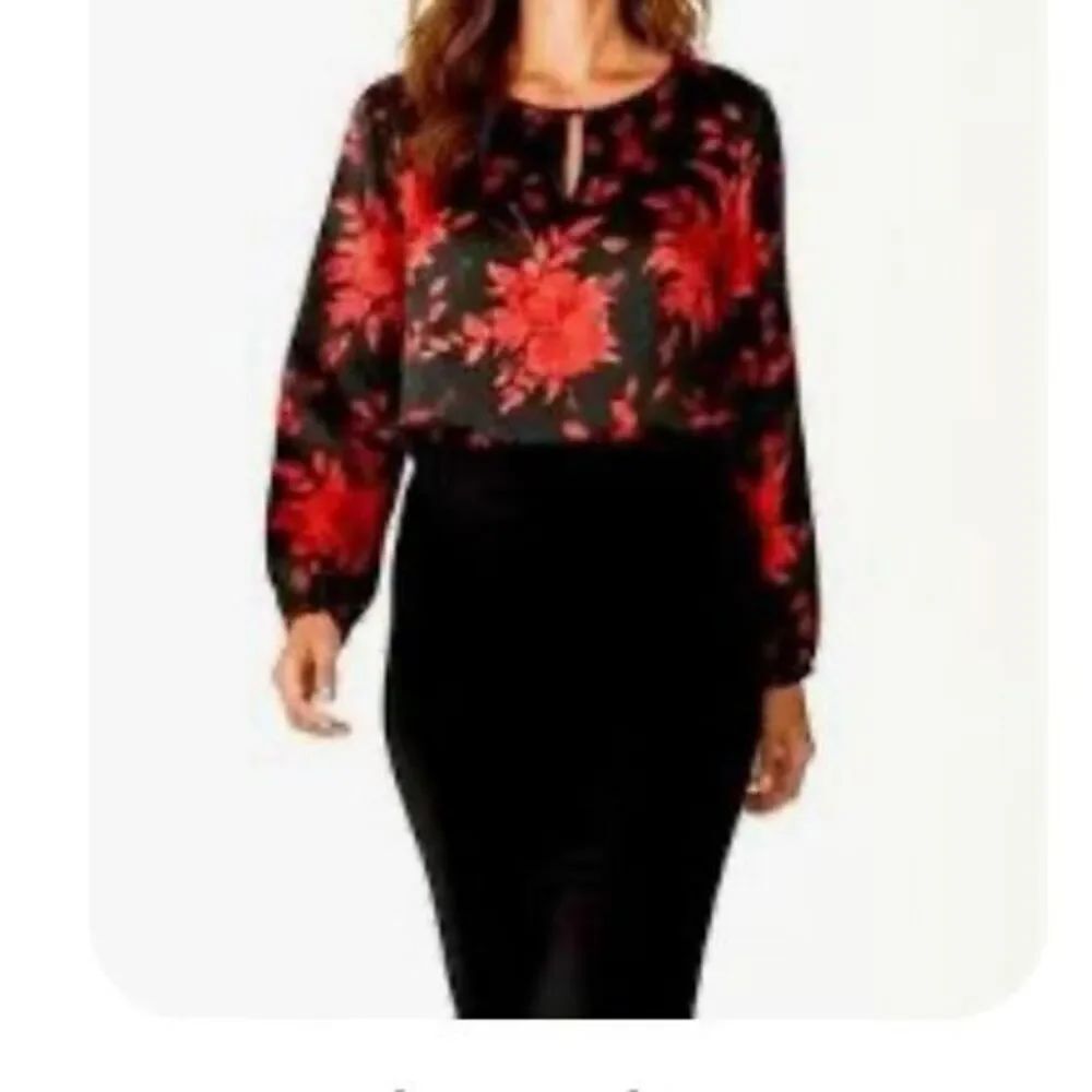 Talbots black and red floral silky, long sleeve blouse L